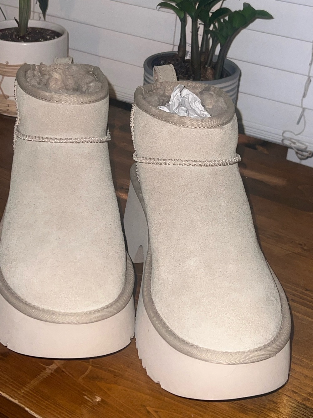 UGG Platform Shearling-Lined Suede Ankle Boots in Beige